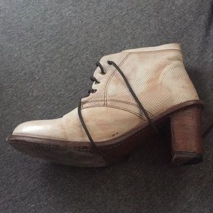 White leather lace up bed stu heeled booties